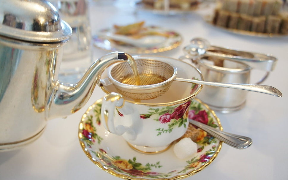 white ceramic floral painted cup with saucer HD wallpaper